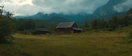 Rustic barns surrounded by fields and mountains under a dramatic cloudy skyの写真素材