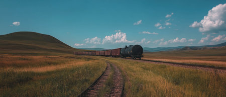 Freight train travels through vast rural landscape under a blue skyの素材