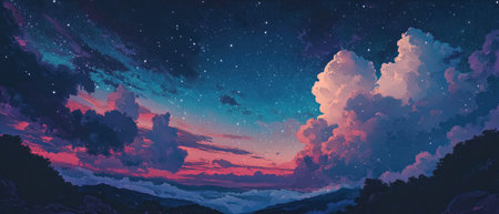 Starry night sky with vibrant clouds over distant mountains at twilightの素材