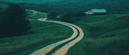 Winding country road captures the essence of serene rural landscapes at duskの素材