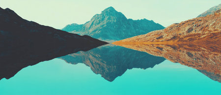 Cinematic top view of tranquil lake reflecting mountains and natures serenity