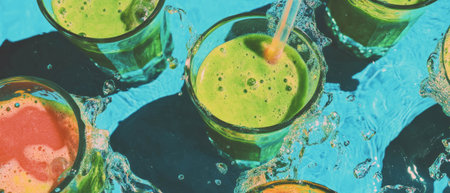 Refreshing vegetable juice pattern with vibrant colors in a healthy drink settingの素材