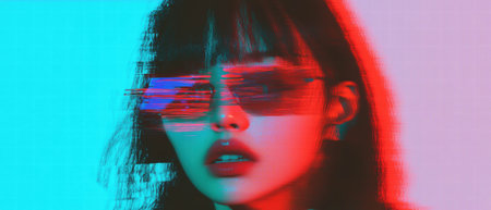 Glitch portrait with fragmented visual noise creating vibrant color distortionの素材