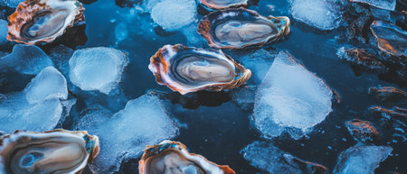 Fresh oysters resting on ice, showcasing a briny seafood delicacy from the oceans depthsの素材