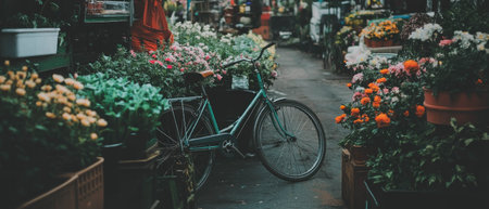 Vintage bicycle surrounded by vibrant flowers in a charming street market settingの素材