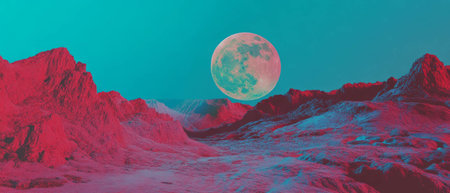 Vibrant alien landscape with exotic flora and a glowing moon in twilightの素材