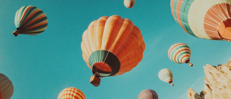 Colorful hot air balloons floating in the sky create a vibrant cinematic patternの写真素材