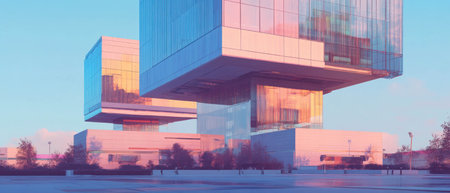 Modern architectural design featuring glass facades at sunset with a unique structureの素材
