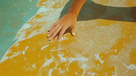 Hand on gold painted concrete texture with smooth finish design for artistic backgroundの素材
