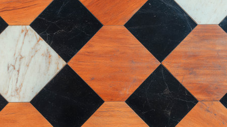 Elegant checkerboard pattern with wood and marble tiles for interior designの素材