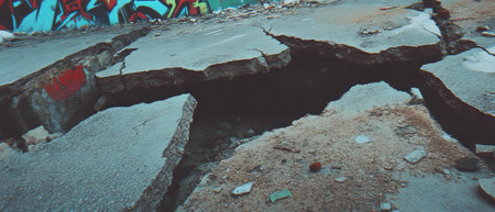 Cracked concrete surface adorned with vibrant graffiti art in an urban environmentの素材