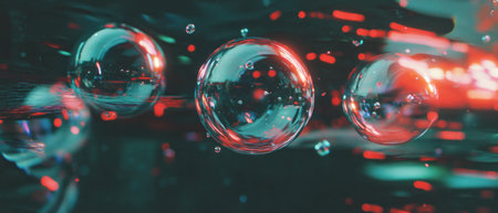 Cinematic texture of soft bubbles floating in water with vibrant colors and light reflections