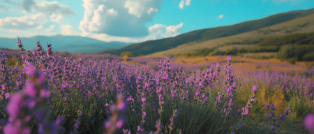 Expansive lavender fields under a bright blue sky with distant mountains in the backgroundの写真素材