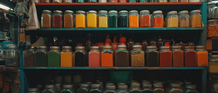 Colorful assortment of spices arranged on shelves in jars at a local marketの素材
