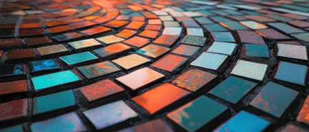 Colorful mosaic tiles creating an intricate design with vibrant hues under warm lightの素材