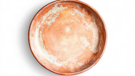 Rustic empty round clay plate on white background for culinary design and decoration conceptsの素材