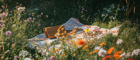 Colorful wildflowers blanket a sunlit picnic spot adorned with summer delightsの素材