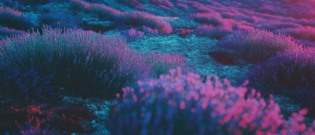 Cinematic view of expansive lavender fields in contrasting colorsの写真素材