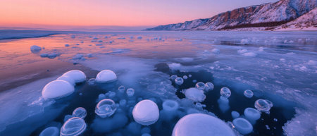 Unique frozen lake with methane bubbles trapped beneath a colorful sky at sunset