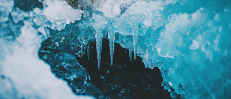 Frozen icicle cave with soft lighting and vibrant colors in a hyper-realistic styleの素材