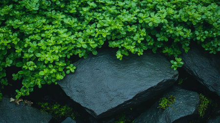 Lush green moss on wet rocks in nature settingの素材