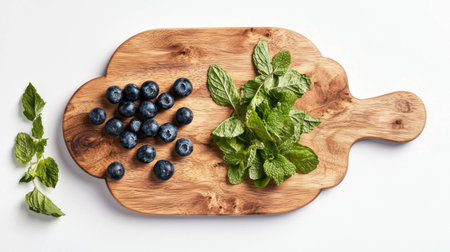 Realistic cloud shaped wooden cutting board with blueberries and mint leavesの素材