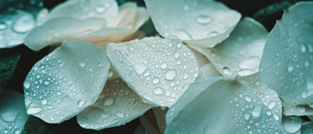 Raindrops glisten on delicate petals in a serene botanical settingの素材