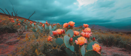Colorful cacti bloom in a vibrant desert landscape after rainfallの素材
