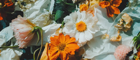 Handmade paper featuring beautifully pressed flowers and natural textures with vibrant colorsの素材