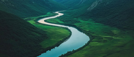 Cinematic view of a tranquil river winding through a lush valley landscapeの写真素材
