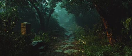Misty forest path inviting exploration through lush greenery in early morning lightの写真素材