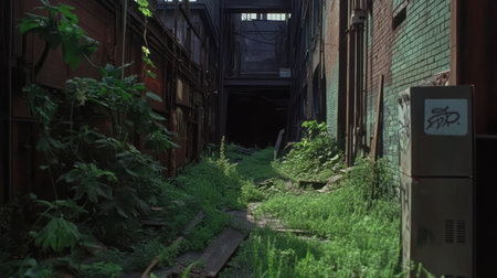 Urban decay and overgrown alley depicting chaotic texture for creative designの素材