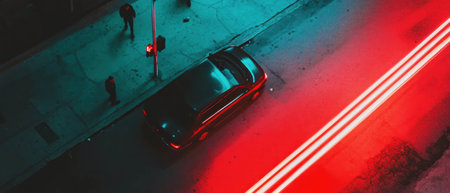 Cinematic urban street at night with neon lights and contrasting colors from aboveの素材