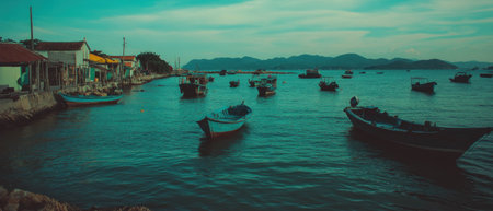 Cinematic view of a tranquil bay with fishing boats under a colorful skyの素材