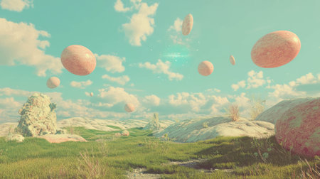 Surreal landscape with floating spheres and dreamlike atmosphereの素材
