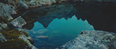Cinematic view of a tranquil lake reflecting majestic mountains during twilight hoursの素材