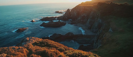 Cinematic panoramic sunset view over an ocean coastline revealing vibrant contrast colorsの写真素材