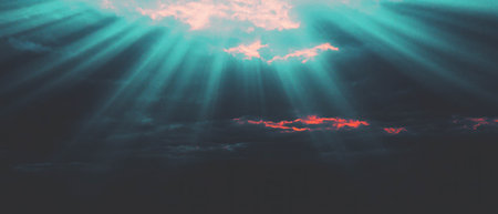 Sun rays texture overlay with vibrant colors in a serene atmosphereの素材