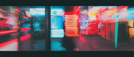 Vibrant neon light overlay texture creating dynamic urban atmosphere at nightの素材