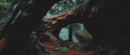 Exploring the textured bark of an ancient tree in a mystical forest settingの素材