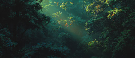 Sunlight filters through dense forest canopy creating a serene green atmosphereの素材