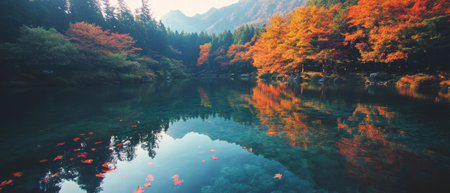Vibrant autumn foliage reflecting on a serene river in a peaceful forest landscapeの素材