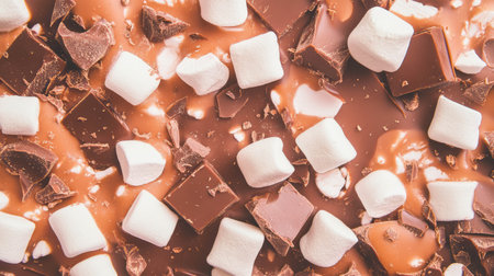 Close up of milk chocolate rocky road with marshmallows and nuts textureの素材