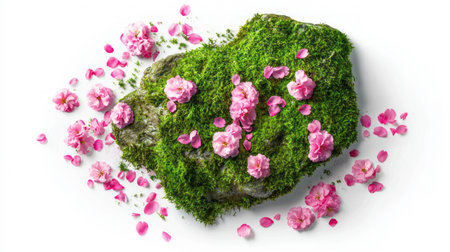 Realistic sakura petals gracefully scattered on moss-covered stone surfaceの素材