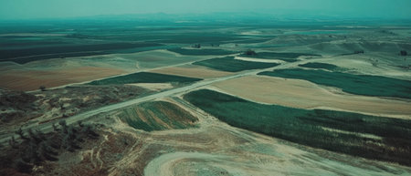 Expansive farmland captured from above showcasing vibrant patches of crops and contrasting colors