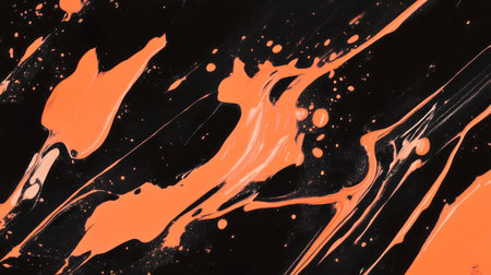 Abstract grunge texture with bold orange paint strokes on dark backgroundの素材