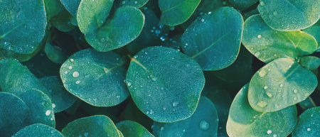Dew drops adorn leaves creating a seamless natural pattern of beauty and freshnessの素材