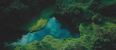 Stunning aerial view of lush green rice terraces and tranquil water body reflecting the skyの写真素材