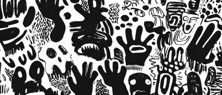 Whimsical doodle overlay texture featuring diverse hand illustrations and abstract figuresの素材