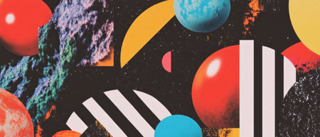 Playful geometric shapes create a vibrant overlay texture for artistic design projectsの素材